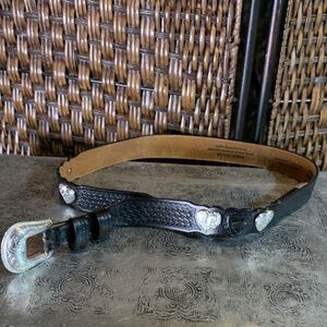 Vintage Silvercreek Black Leather Belt with Silver Hearts
